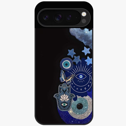 Galactic Charm Cluster Glass Case showing flat back view with glowing celestial charm artwork and glossy glass finish.