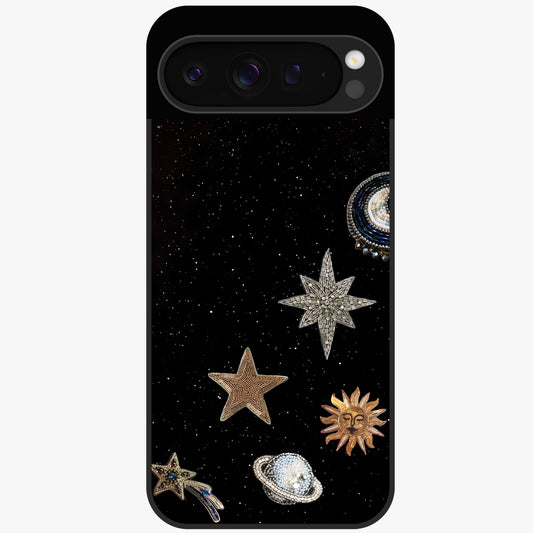 Galactic Charm Glow Glass Case showing flat back view with glowing celestial charm artwork and glossy glass finish.
