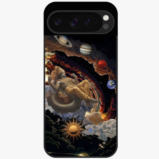 Galactic Divine God Glass Case showing flat back view with divine cosmic themed artwork and glossy glass finish.