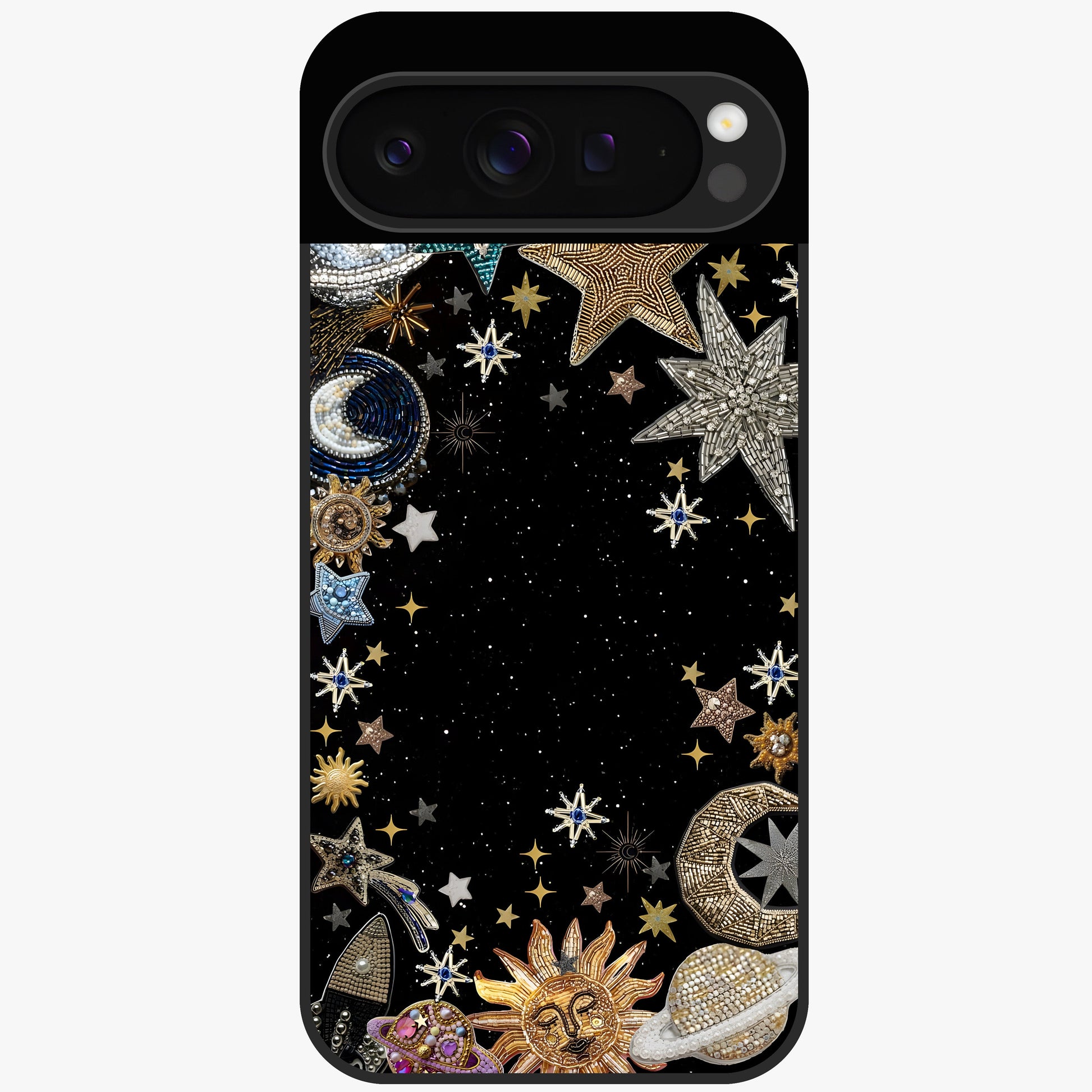 Galactic Jewel Stars Glass Case showing flat back view with sparkling star jewel artwork and glossy glass finish.