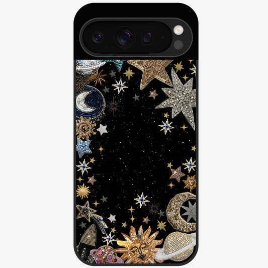 Galactic Jewel Stars Glass Case showing flat back view with sparkling star jewel artwork and glossy glass finish.