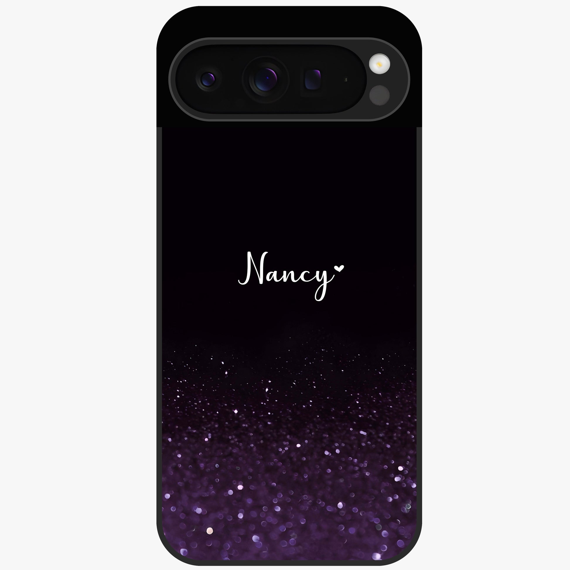 Glittery Purple Bokeh Custom Name Glass Case showing flat back view with purple bokeh sparkle artwork and personalized name design.