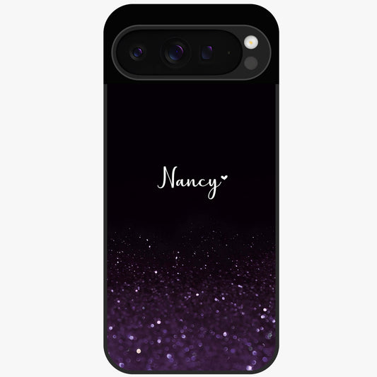 Glittery Purple Bokeh Custom Name Glass Case showing flat back view with purple bokeh sparkle artwork and personalized name design.