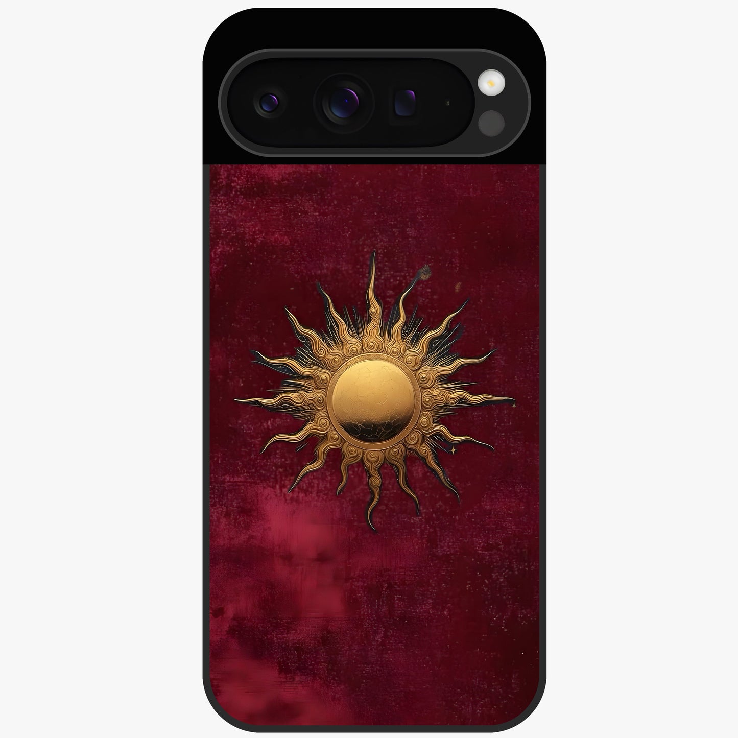 Gold Sun Blush Glass Case showing flat back view with golden sun inspired artwork and glossy glass finish.