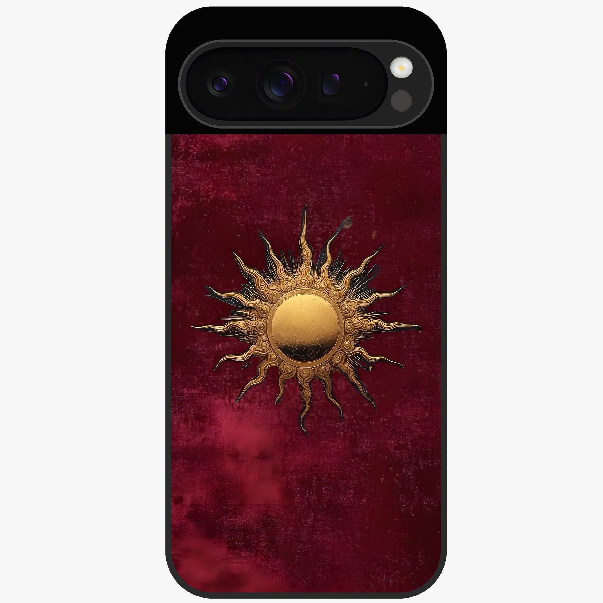 Gold Sun Blush Glass Case showing flat back view with golden sun inspired artwork and glossy glass finish.