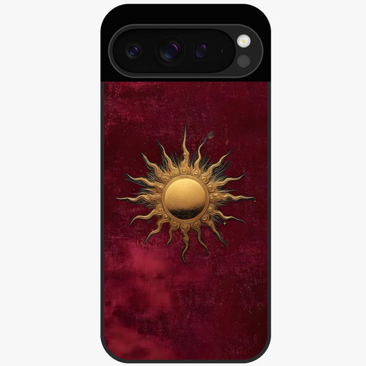 Gold Sun Blush Glass Case showing flat back view with golden sun inspired artwork and glossy glass finish.