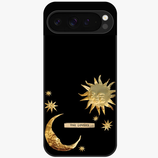 Golden Celestial Charm Glass Case showing flat back view with golden celestial charm artwork and glossy glass finish.