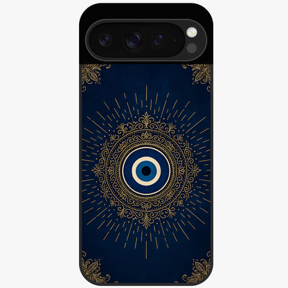 Golden Evil Eye Mandala Glass Case showing flat back view with intricate evil eye mandala artwork and glossy glass finish.