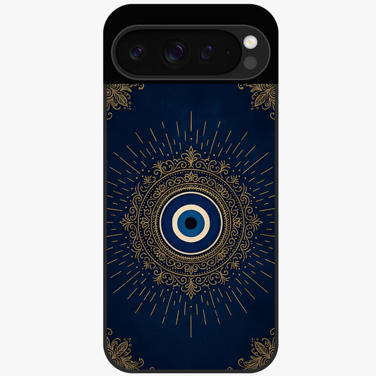 Golden Evil Eye Mandala Glass Case showing flat back view with intricate evil eye mandala artwork and glossy glass finish.