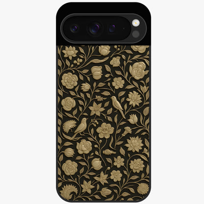 Golden Floral Majesty Glass Case showing flat back view with luxurious golden floral artwork and glossy glass finish.