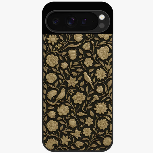 Golden Floral Majesty Glass Case showing flat back view with luxurious golden floral artwork and glossy glass finish.