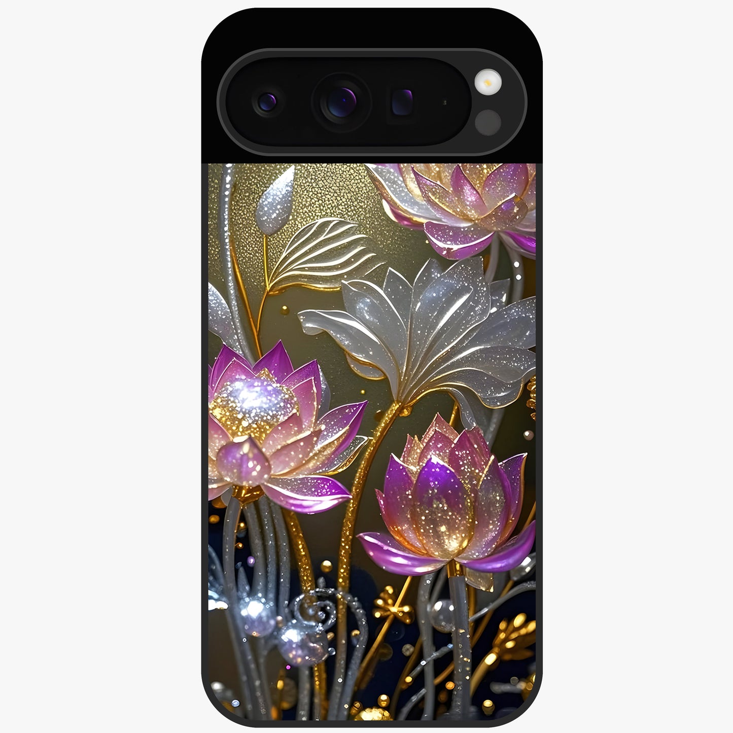 Golden Lotus Glow Glass Case showing flat back view with glowing lotus flower artwork and glossy glass finish.