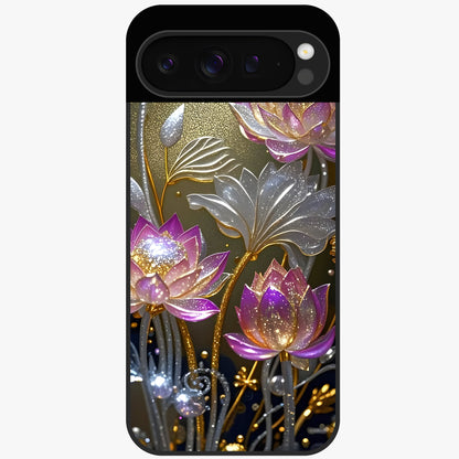 Golden Lotus Glow Glass Case showing flat back view with glowing lotus flower artwork and glossy glass finish.