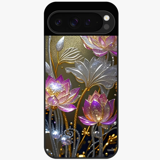Golden Lotus Glow Glass Case showing flat back view with glowing lotus flower artwork and glossy glass finish.