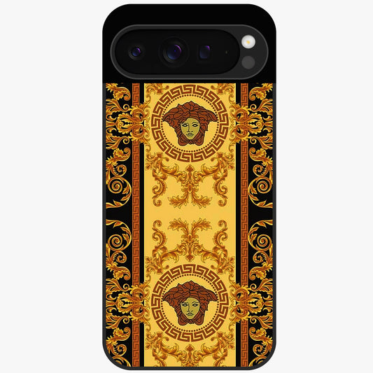 Golden Royal Heritage Glass Case showing flat back view with ornate royal pattern artwork and glossy glass finish.