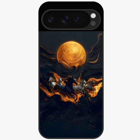 Golden Stallion Moonride Glass Case showing flat back view with majestic horse under moonlight artwork and glossy glass finish.