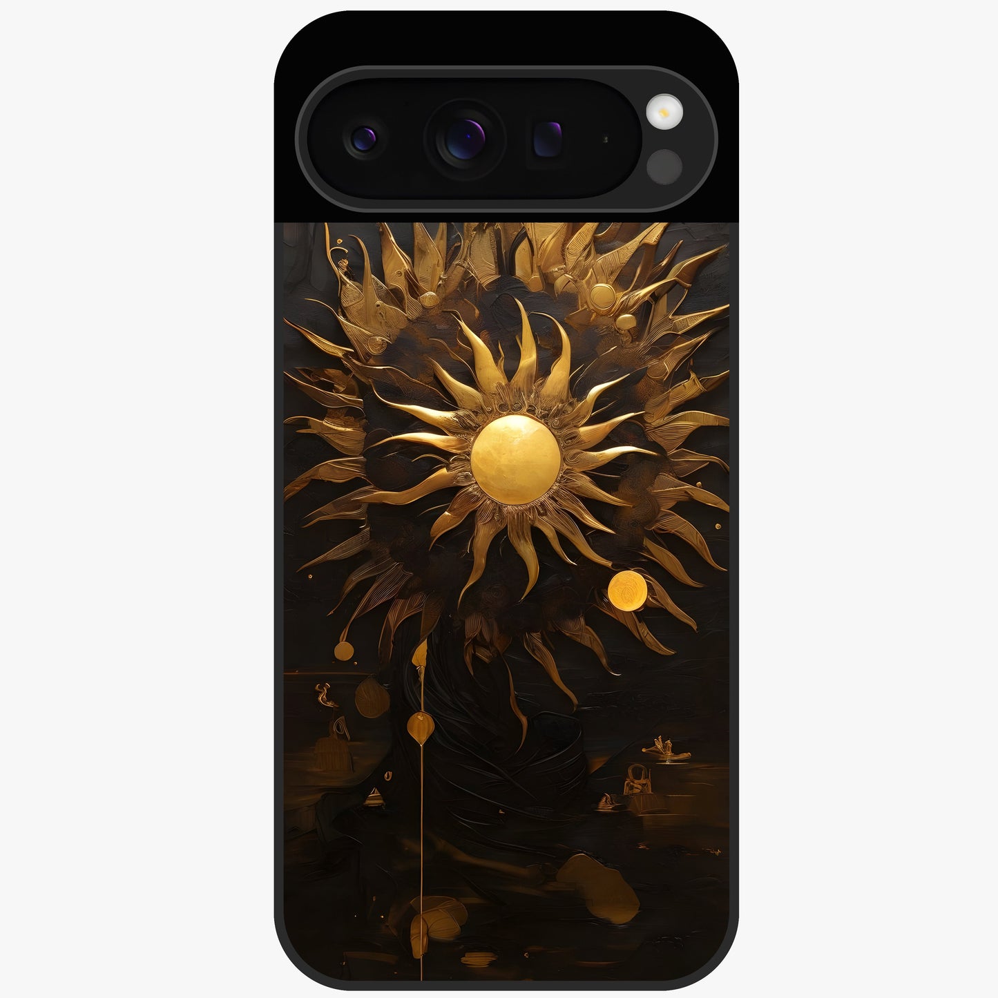 Golden Sun Majesty Glass Case showing flat back view with radiant golden sun artwork and glossy glass finish.