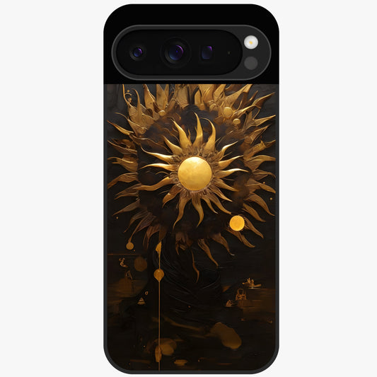Golden Sun Majesty Glass Case showing flat back view with radiant golden sun artwork and glossy glass finish.