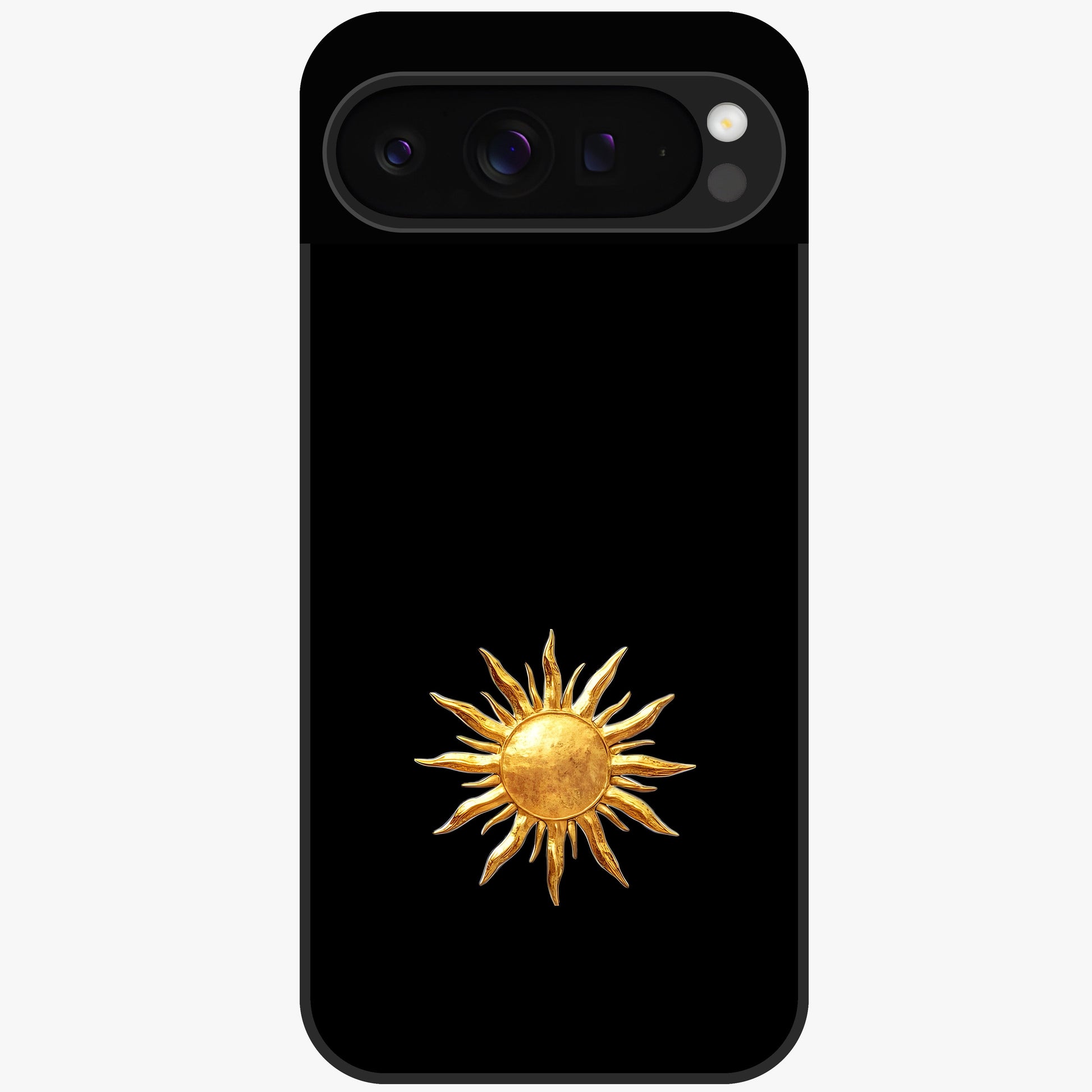 Golden Sun Minimalism Glass Case showing flat back view with minimal golden sun artwork and glossy glass finish.