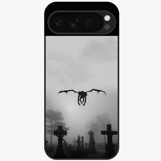 Graveyard Shadow Descent Glass Case showing flat back view with dark graveyard themed artwork and glossy glass finish.