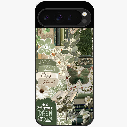 Green Islamic Books Quotes Glass Case showing flat back view with Islamic quotes and book themed artwork and glossy glass finish.