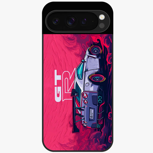 GT-R Car Pattern Glass Case showing flat back view with sporty car inspired pattern artwork and glossy glass finish.