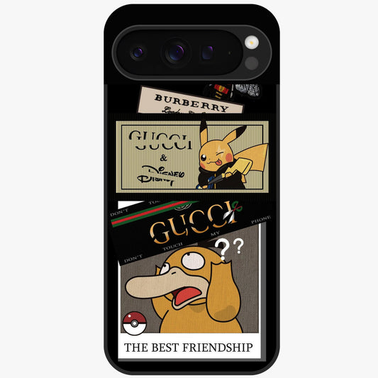 Gucci Play Mashup Glass Case showing flat back view with luxury inspired graphic artwork and glossy glass finish.