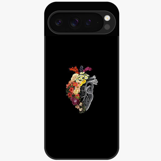 Heart With Flowers Glass Case showing flat back view with heart shaped floral artwork and glossy glass finish.