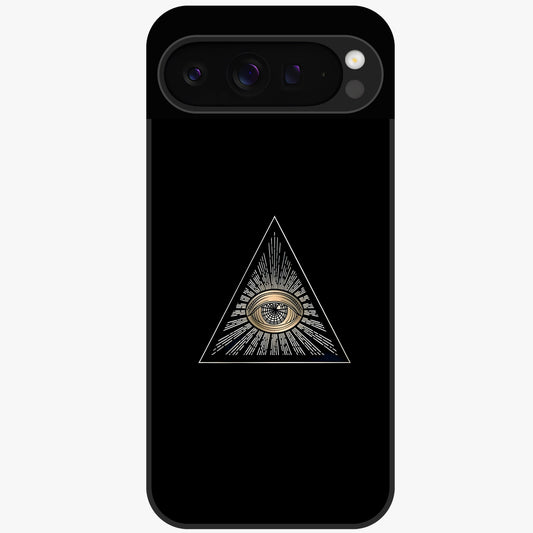 Illuminati Evil Glass Case showing flat back view with mysterious illuminati symbol artwork and glossy glass finish.