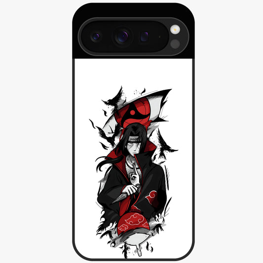 Itachi Sharingan Glass Case showing flat back view with powerful anime eye artwork and glossy glass finish.