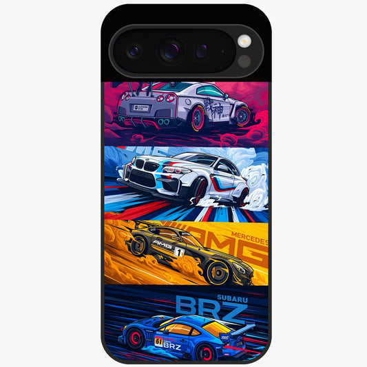 JDM Sports Car Glass Case showing flat back view with high performance sports car artwork and glossy glass finish.