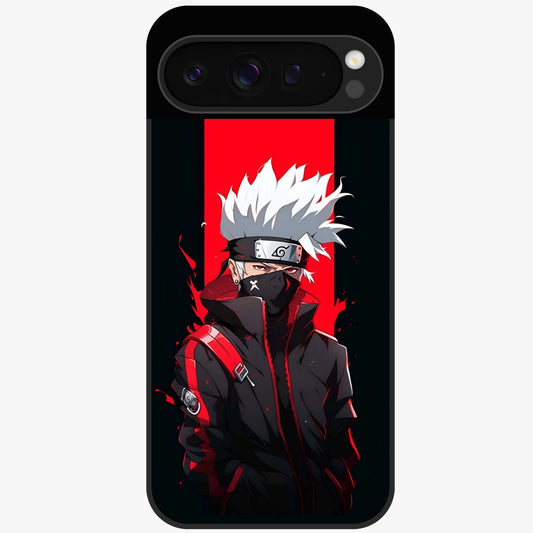 Kakashi Scarlet Shadow Glass Case showing flat back view with powerful anime ninja artwork and glossy glass finish.