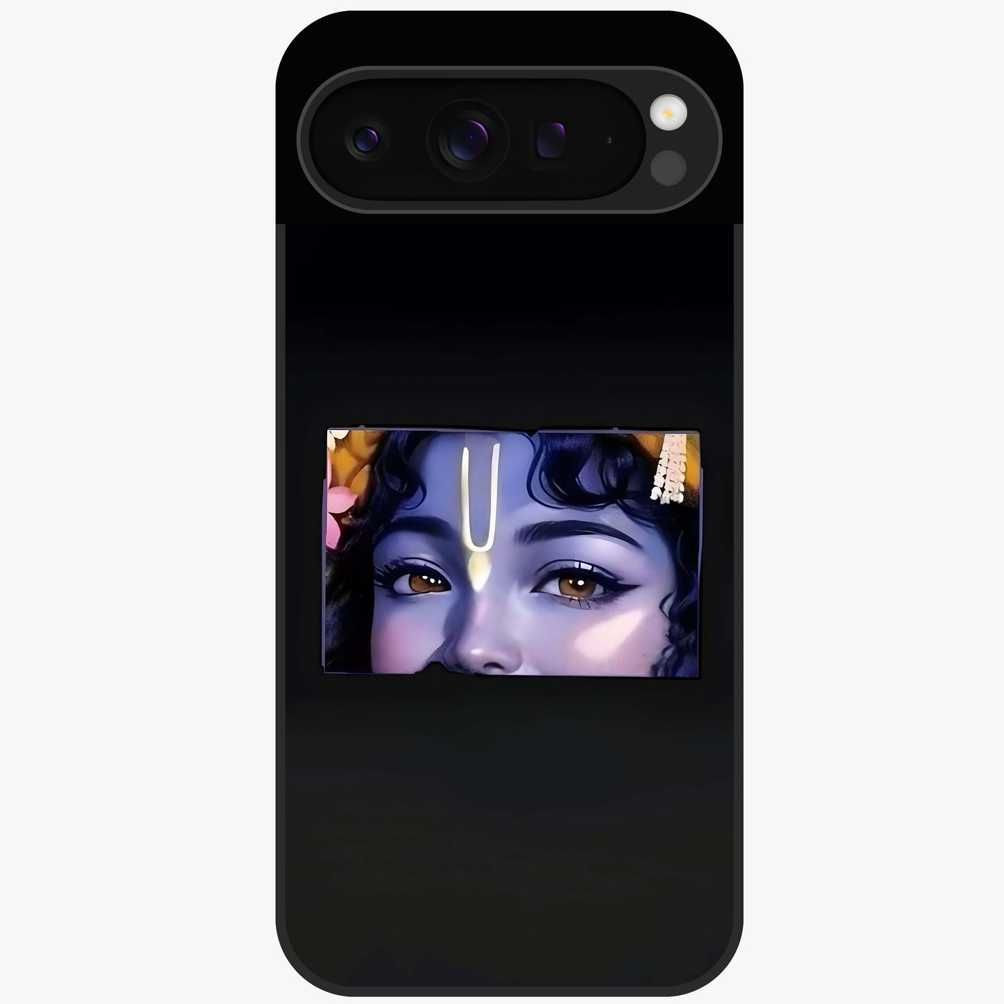 Krishna Divine Embrace Glass Case showing flat back view with Lord Krishna devotional artwork and glossy glass finish.