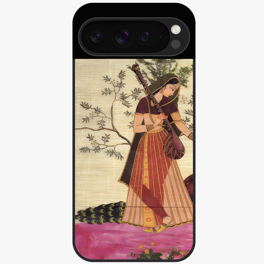 Lady With Veena Art Glass Case showing flat back view with elegant woman playing veena artwork and glossy glass finish.