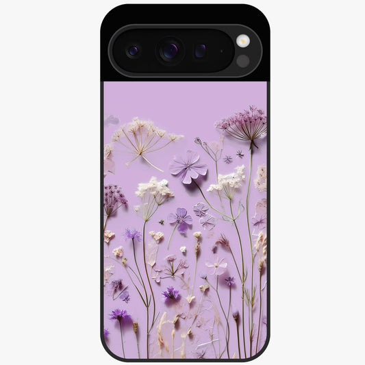 Lavender Blossom Dream Glass Case showing flat back view with soft lavender floral artwork and glossy glass finish.