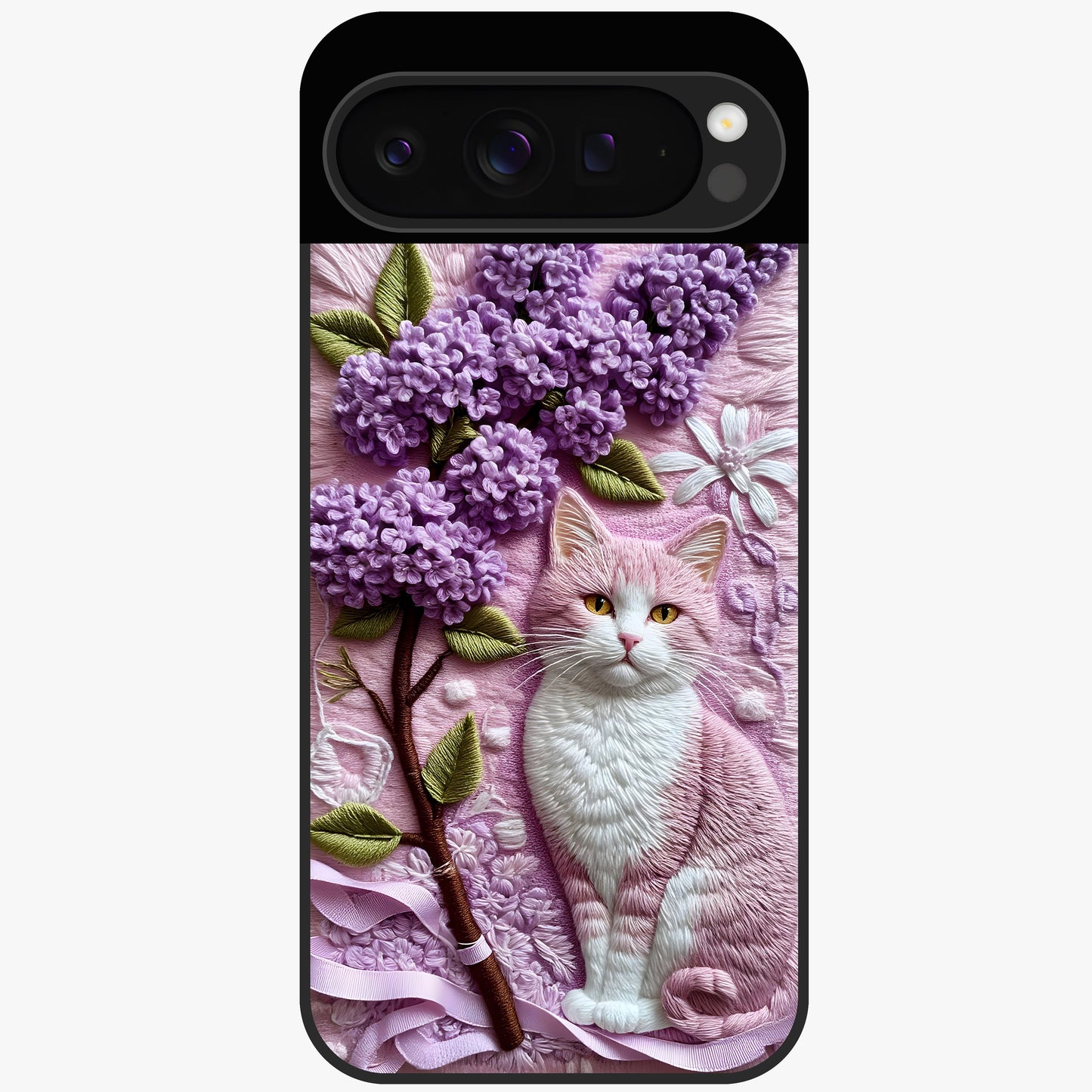 Lavender Cat Whimsy Glass Case showing flat back view with cute lavender cat artwork and glossy glass finish.