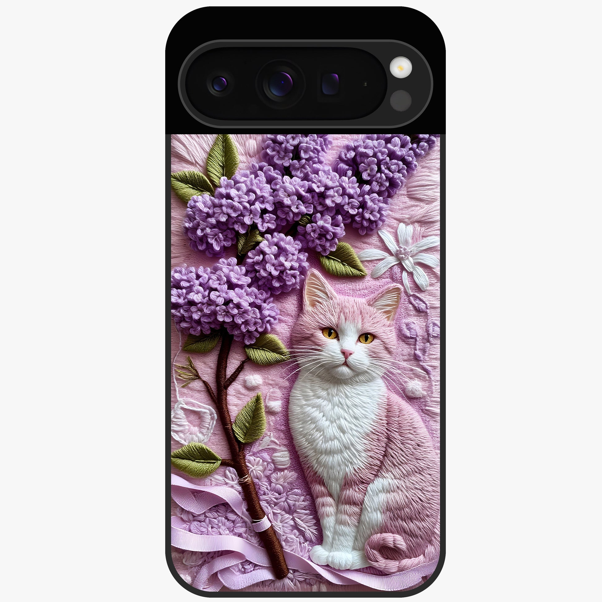 Lavender Cat Whimsy Glass Case showing flat back view with cute lavender cat artwork and glossy glass finish.