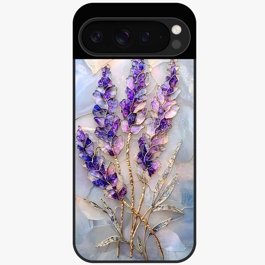 Lavender Dream Glow Glass Case showing flat back view with glowing lavender aesthetic artwork and glossy glass finish.