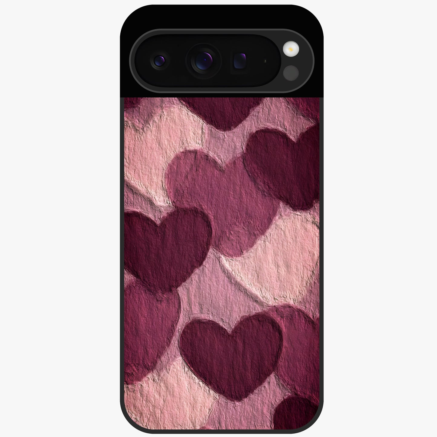 Layered Paper Hearts Glass Case showing flat back view with layered paper heart artwork and glossy glass finish.