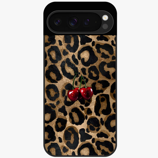 Leopard Wild Cherry Glass Case showing flat back view with leopard pattern and cherry artwork and glossy glass finish.