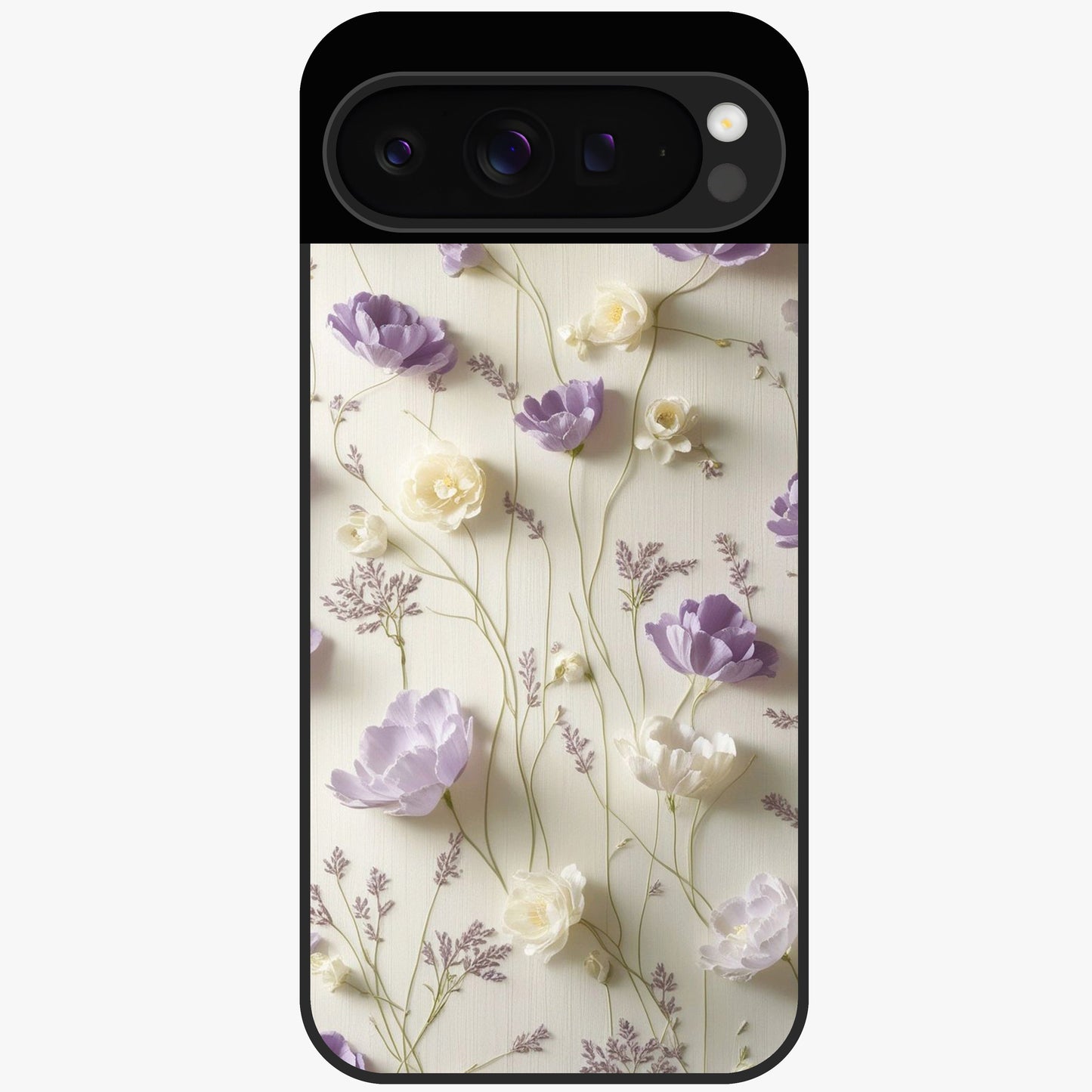 Lilac Breeze Harmony Glass Case showing flat back view with soft lilac themed artwork and glossy glass finish.