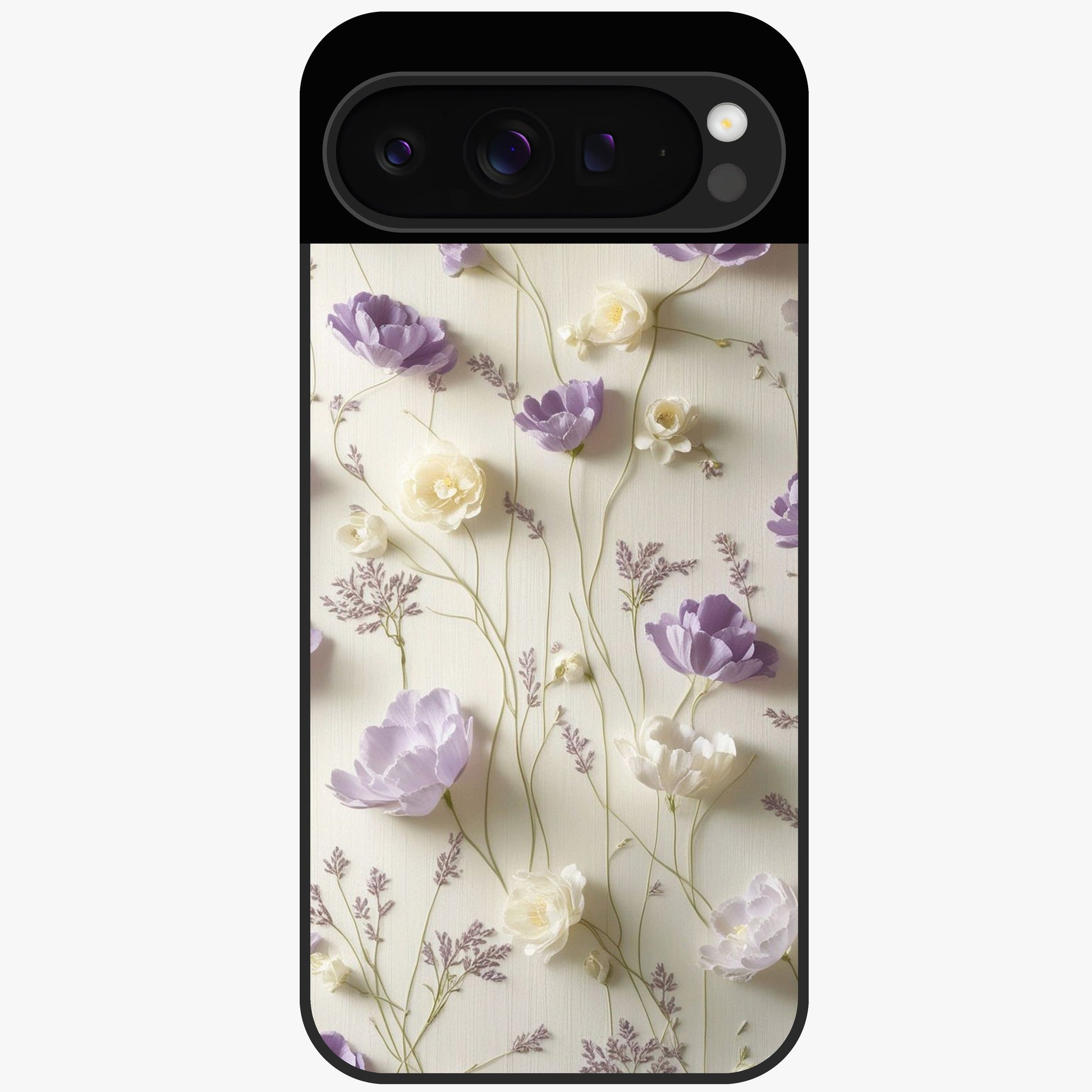 Lilac Breeze Harmony Glass Case showing flat back view with soft lilac themed artwork and glossy glass finish.