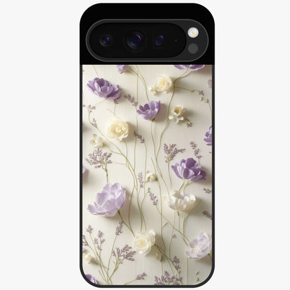 Lilac Breeze Harmony Glass Case showing flat back view with soft lilac themed artwork and glossy glass finish.