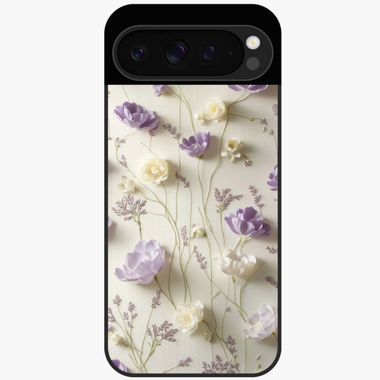 Lilac Breeze Harmony Glass Case showing flat back view with soft lilac themed artwork and glossy glass finish.