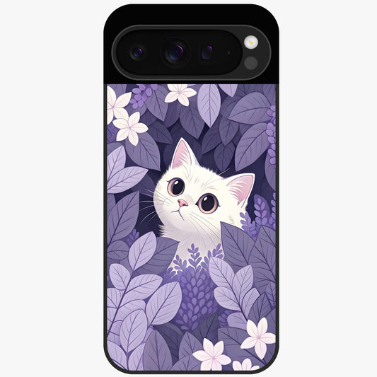 Lilac Hide Peek Cat Glass Case showing flat back view with cute peeking cat artwork and glossy glass finish.