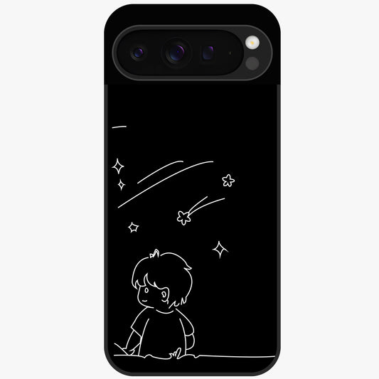 Line Art Boy With Shooting Stars Glass Case showing flat back view with minimal line art boy and shooting stars illustration and glossy glass finish.