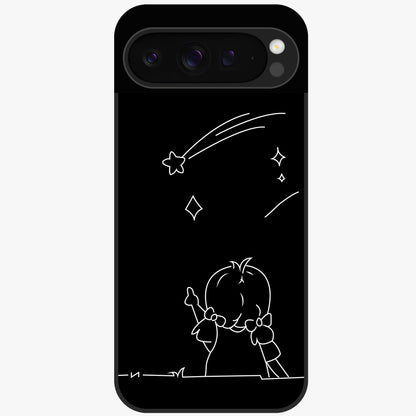 Line Art Girl With Shooting Stars Glass Case showing flat back view with minimal line art girl and shooting stars illustration and glossy glass finish.