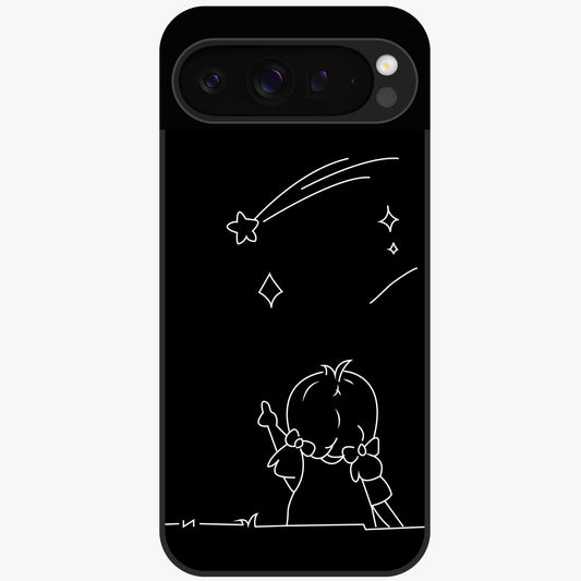 Line Art Girl With Shooting Stars Glass Case showing flat back view with minimal line art girl and shooting stars illustration and glossy glass finish.