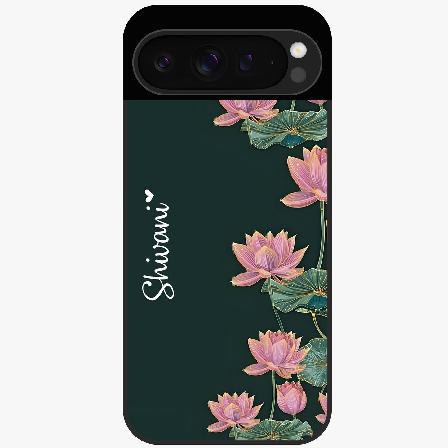 Lotus Bloom Serenity Custom Name Glass Case showing flat back view with elegant lotus flower artwork and personalized name design.