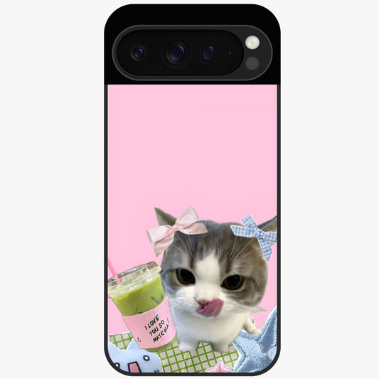 Love Matcha Cat Glass Case showing flat back view with cute cat and matcha themed artwork and glossy glass finish.